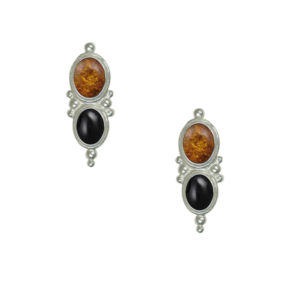 Sterling Silver Drop Dangle Earrings With Amber And Black Onyx